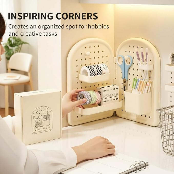 Loizziuy Space-Saving Corner Desk Organizer - Foldable Wall Mount Storage for Home Office Desktop for Stationery & Accessories (Beige)