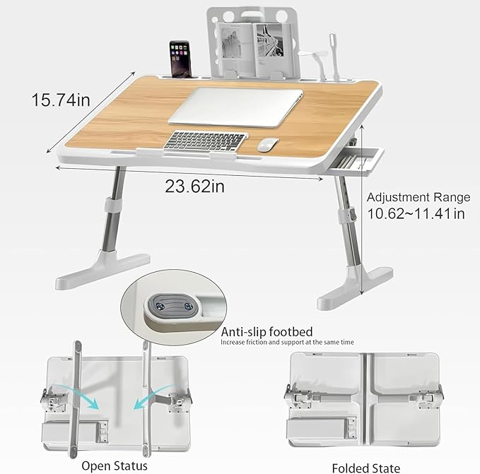 Extra Large 23 Inch Adjustable Laptop Desk for Bed with USB Charging Port, Foldable Bed Table with Storage Drawer, Portable Laptop Bed Desk Tray for Working, Writing, Reading & Eating (Yellow)