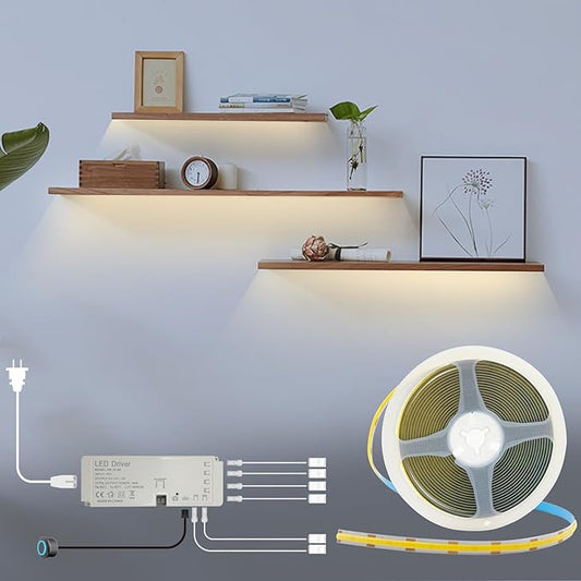 HAMRVL LED Shelf Lights, 16.4ft 12V COB LED Strip Lights, Plug-in DIY Cut to Size 4000K Natural White Tape Lights, Dimmable Under Shelf Lighting for Bookcase, Kitchen Cabinet, Display Case, Showcase