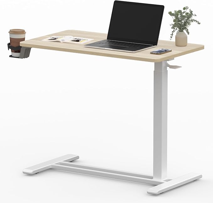 SANODESK Medical Adjustable Overbed Bedside Table with Hidden Casters, Pneumatic Mobile Laptop Computer Standing Desk Cart with Tray, Hospital and Home Use(27.6" W x 15.7" D, Pink)