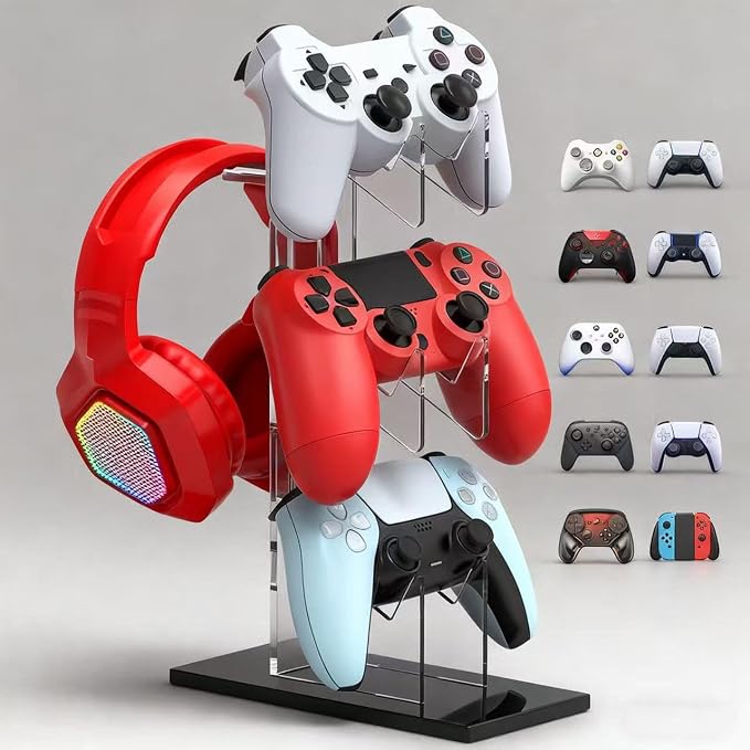 Controller Stand 3 Tiers, Universal Controller Holder Headphone Stand, Headset Holder, Acrylic Controller Display Stand Compatible with Xbox, PS5, PS4, Nintendo Switch - Ideal Desk Mount for Gamers