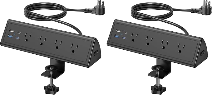 Jgstkcity Desk Clamp Power Strip,20W Fast Charging Station,Surge Protector Nightstand Edge Mount,1875W Extension Cord with Multiple Outlets,2 USB-C,2 USB-A,for Home Office (Black, 10 FT) (Pack of 2)