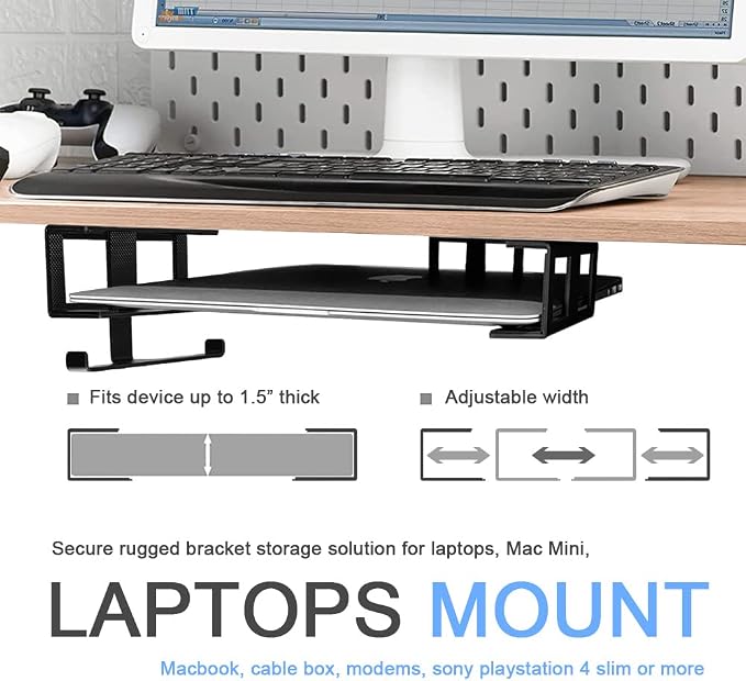 IFCASE Under Desk Laptop Mount & Headphone Holder with Adhesive & Screw, Hard Aluminum Under Table Desk Holder for Laptop, Mac mini, MacBook Pro (Black)
