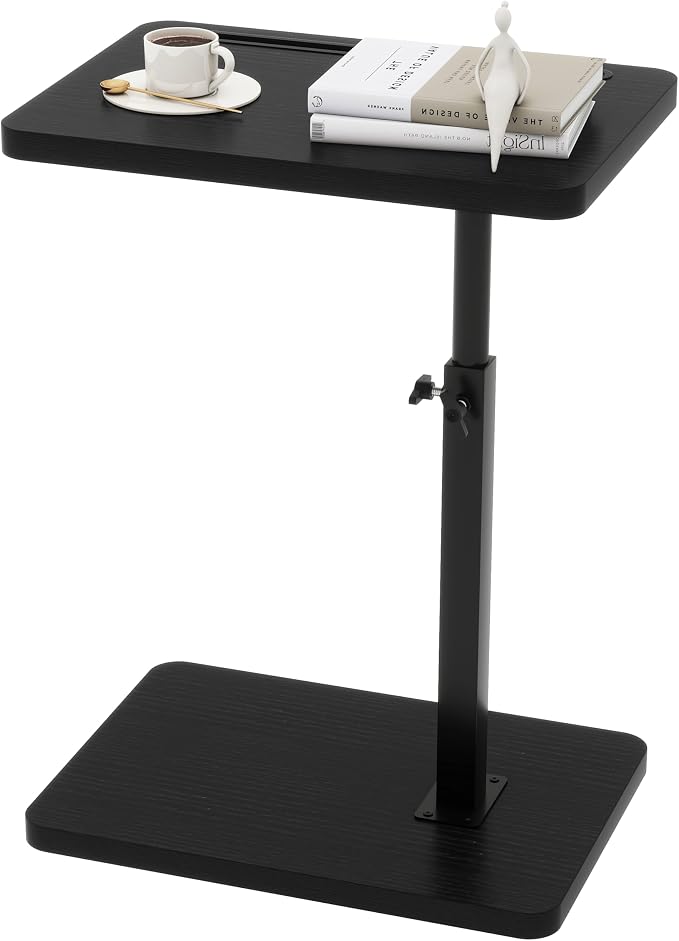 IBUYKE C Shaped Side Table, 360° Swivel Height Adjustable End Table for Small Spaces, with Phone & Tablet Slot, Modern Small Coffee Snack Table for Sofa/Bed, Black UTVT003B
