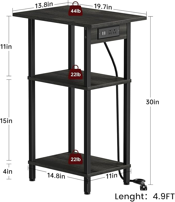 Asgolion Tall End Table with Charging Station, Skinny Nightstand with USB Ports and Outlets, 3 Tier Narrow Side Table with Storage for Bedroom, Living Room, Office, Carbon Gray