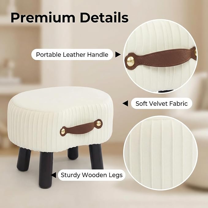 Foot Stools Small, White Ottomon with Handle, Velvet Footrest | Curved Foot Stool with Padded Seat Wooden Legs, Portable Foot Rest for Living Room, Bedroom, Entryway (White)