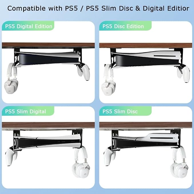 Aluminum Under Desk Mount for PS5/PS5 Slim/ PS5 Pro Digital & Disc, Securing Under Desk Bracket with Detachable Controller & Headphone Holder Kit No Drill (Black)