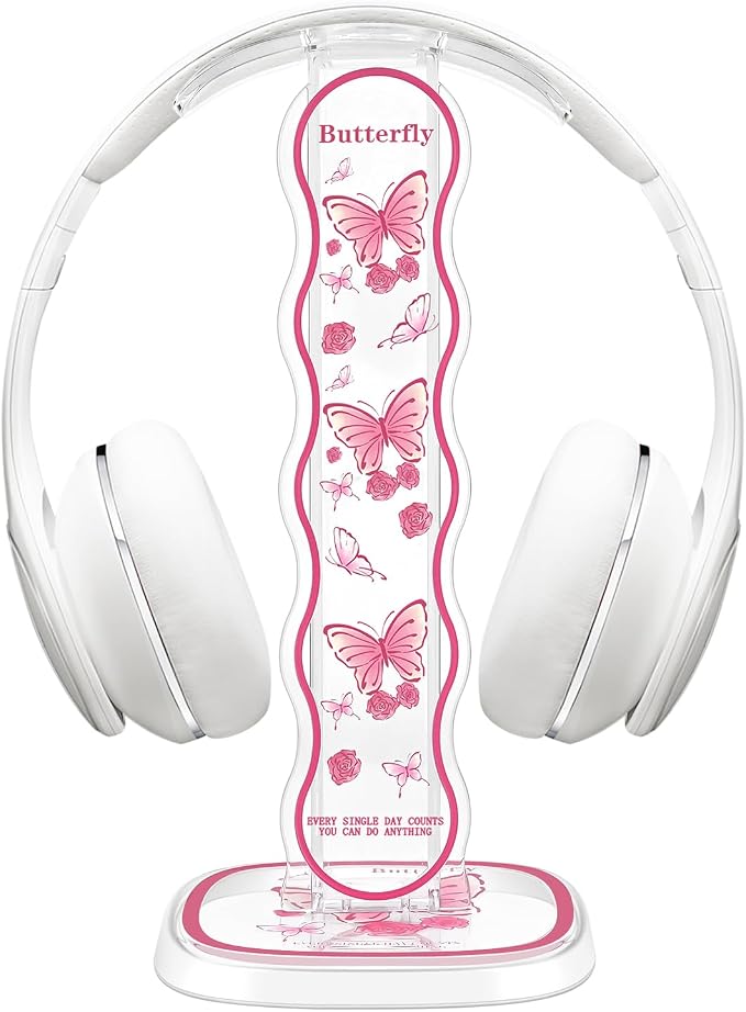 CamyCosy Headphone Stand Gaming Headset Holder for Desk,Pink Butterfly Pattern Clear Cellphone Stand Earphone Stand Desk Accessories for All Headphones Size