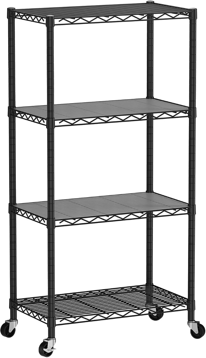 SINGAYE 4 Shelf Storage Wire Shelves Closet Bathroom Organizers Metal Pantry Kitchen Garage Shelving Unit Laundry Room Organization Home Narrow Rack Net Basket with Wheels Black