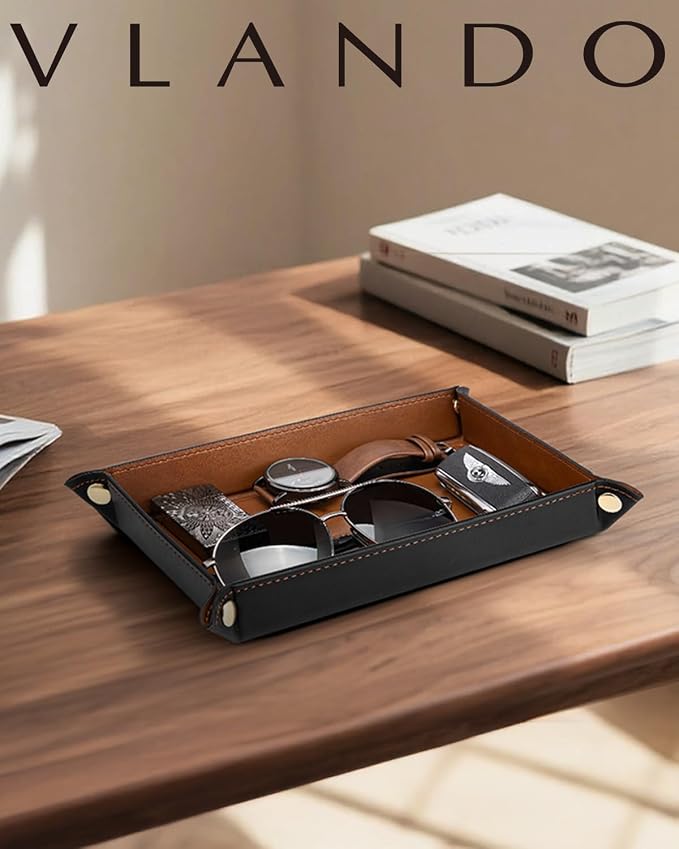 VLANDO Valet Tray Organizer, PU Leather Catchall Tray for Essentials | PU Leather Catchall Tray for Keys, Wallet, Watch, Phone, Coins and Glasses