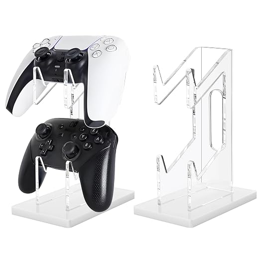 FYY Game Controller Holder 2 Tiers - Universal Dual Controller Stand with Headphone Holder, Acrylic White Display Stand Compatible with Nintendo Switch Xbox PS5 PS4, Desk Mount