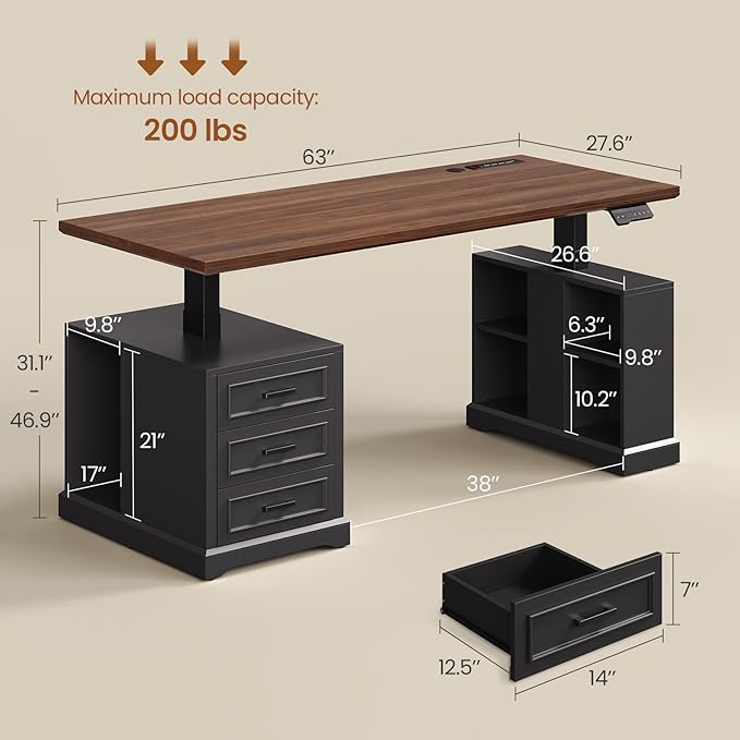SEDETA Farmhouse Electric Standing Desk, 63" Height Adjustable Computer Desk with 3 Drawers, Storage Shelves, Power Outlets, Wood Home Office Stand up Desk for Work, Study, Writing, Black