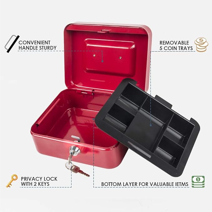 Kyodoled Medium Cash Box with Money Tray,Small Safe Lock Box with Key,Cash Drawer,7.87"x 6.30"x 3.54" Red Medium