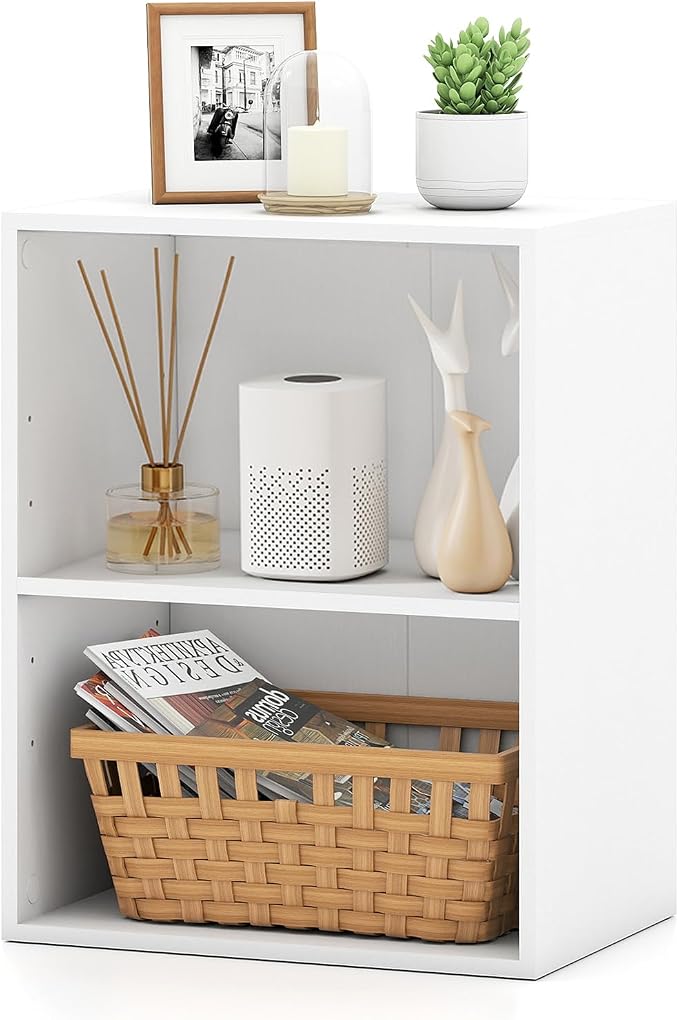 2 Cube Storage Organizer, 21" Small Bookcase with 5-Position Adjustable Panel, Under Desk Bookshelf, Modern Display Shelf, Wooden Cube Shelf for Home Office Bedroom (White)