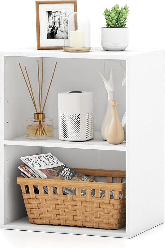 2 Cube Storage Organizer, 21" Small Bookcase with 5-Position Adjustable Panel, Under Desk Bookshelf, Modern Display Shelf, Wooden Cube Shelf for Home Office Bedroom (White)