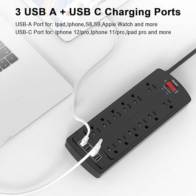 Power Strip, Yintar Surge Protector with 12 AC Outlets and 4 USB Ports, 6 Feet Extension Cord, 2700 Joules, ETL Listed, Black