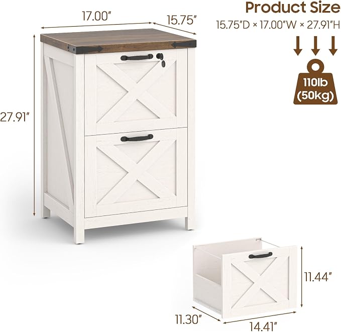 Halitaa 2 Drawer Small File Cabinet with Lock, Farmhouse Vertical Filing Cabinet Fits Letter and A4 Size, Under Desk Wooden File Cabinets for Home Office, Printer Stand, Rustic White