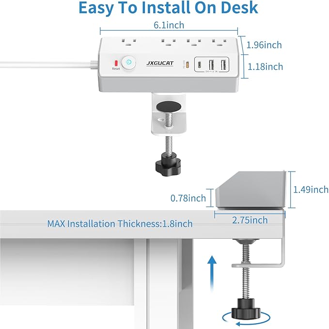 Desk Clamp Power Strip 10FT with PD 20W Fast Charging USB C, JXGUCAT Desk Mount Power Strip Surge Protector, Removable Extension Cord with 4 Outlets 4 USB Ports, Fit 1.8" Tabletop Edge, White