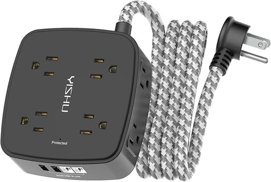 Surge Protector Power Strip - YISHU 8 Outlets with 4 USB (2 USB C) Charging Ports, 6Ft Braided Extension Cord, Flat Plug Multi Plug Outlet Extender Charging Station for Home Office, ETL, Black
