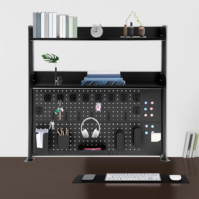 Clamp-On Pegboard Desk Organizer, 2-Tier Clamp On Desk Shelf with Hooks, Office Accessory Organizer for Books, Office Supplies & DIY Storage, 16.5lbs Capacity, 39.37" x 37.4", Black