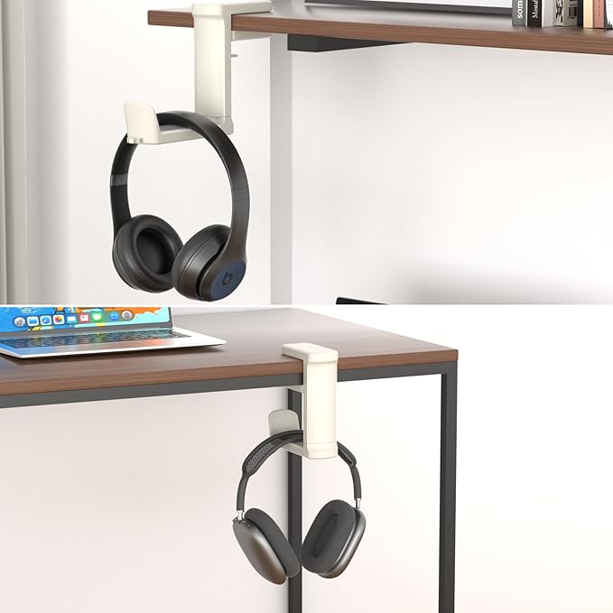Headphone Hook - Adjustable Clamp-on Headphone Holder, Under Desk Gaming Headset Holder Mount Hook with Rotating Clamp (White_2 Pack)