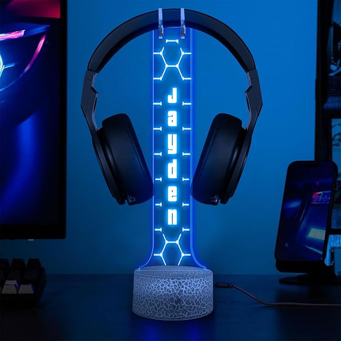 Personalized RGB LED Headphone Holder, Custom Gaming Headset Gift for Boyfriend Girlfiend, Valentine Gift for Gamer, Game Room Decoration, Custom Gamer Gifts