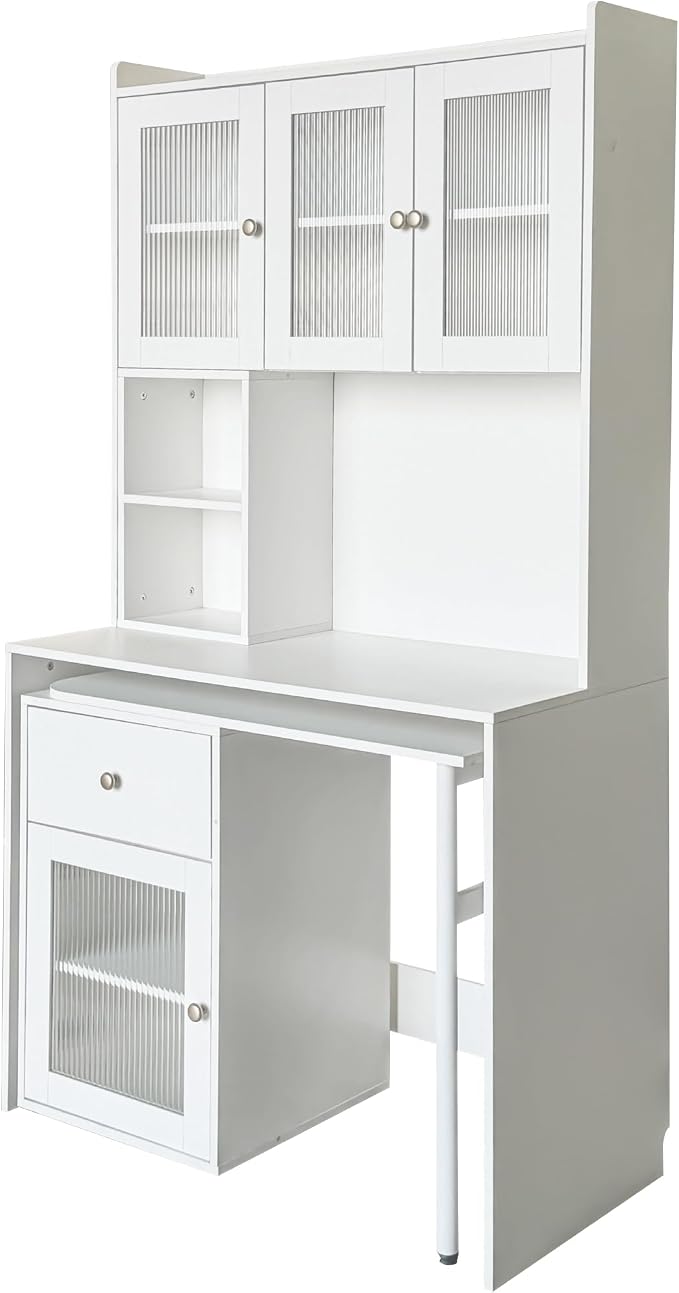 Computer Desk with Hutch and Rotating Desktop, White Corner Study Desk with Glass Door Storage Cabinets and Fold Out Shelf for Home Office, Craft Cabinet with Fold Out Table (White)