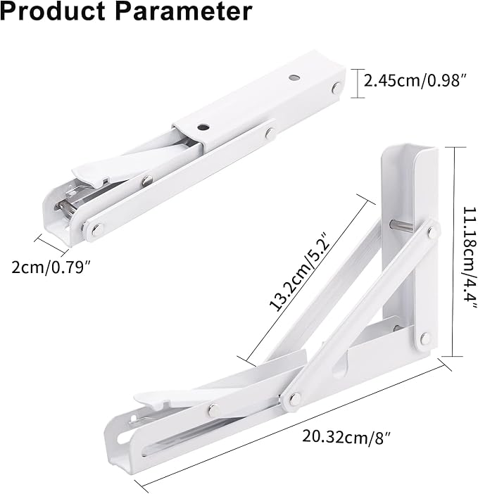 YUMORE Folding Shelf Brackets, 8 Inch Heavy Duty Collapsible Shelf Bracket, DIY L Bracket for Workbench Folding Table Hinge, Max Load: 300lb, White, 2 Pack