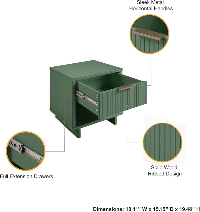 Manhattan Comfort Granville Modern Nightstand 1.0 with 1 Full Extension Drawer, Sled Legs, and Gold Accent Metal Handle, Bedside End Table for Bedroom or Living Room in Sage Green