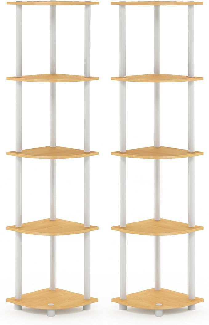 Furinno Turn-N-Tube Corner Shelf Set of 2, 5-Tier Corner Bookshelf, Open Storage Shelves, for Organization and Storage, Living Room, Home Office, Garage, Beech