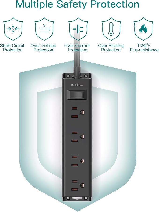 Addtam Power Strip Surge Protector with 12 Outlets, Flat Plug Extension Cord 10FT, Ultra Thin Wall Plug, 3-Side Wide Spaced Outlet Extender, Wall Mount Desk Charging Station for Home Office Garage