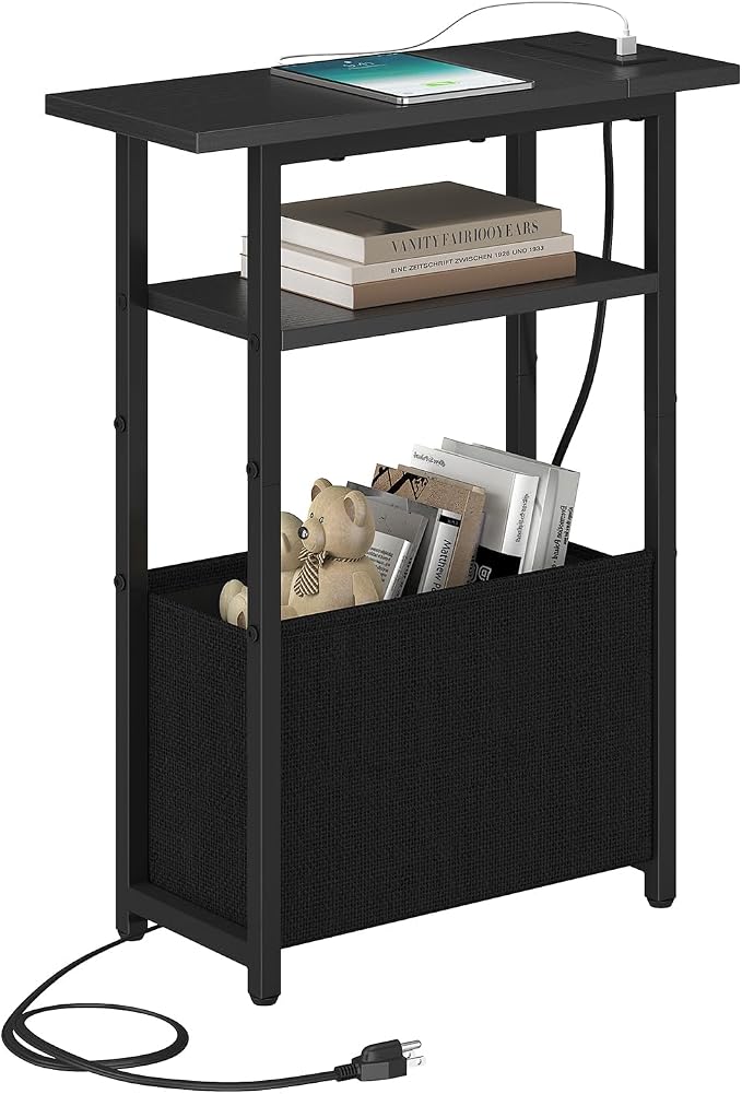 sthmec Narrow Side Table with Charging Station, Small End Table for Small Spaces, Skinny Nightstands with Storage Basket, 3 Tier Sofa Couch Bedside Tables for Living Room,Bedroom, Black