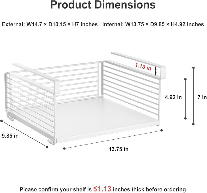 Under Shelf Storage Basket, Hanging Wire Basket with 1.13 Inches Thick Clips for Kitchen, Pantry or Laundry Room, Under Cabinet or Desk Storage Organizer, White, 13.75" L-Solid Bottom, 2 Pack