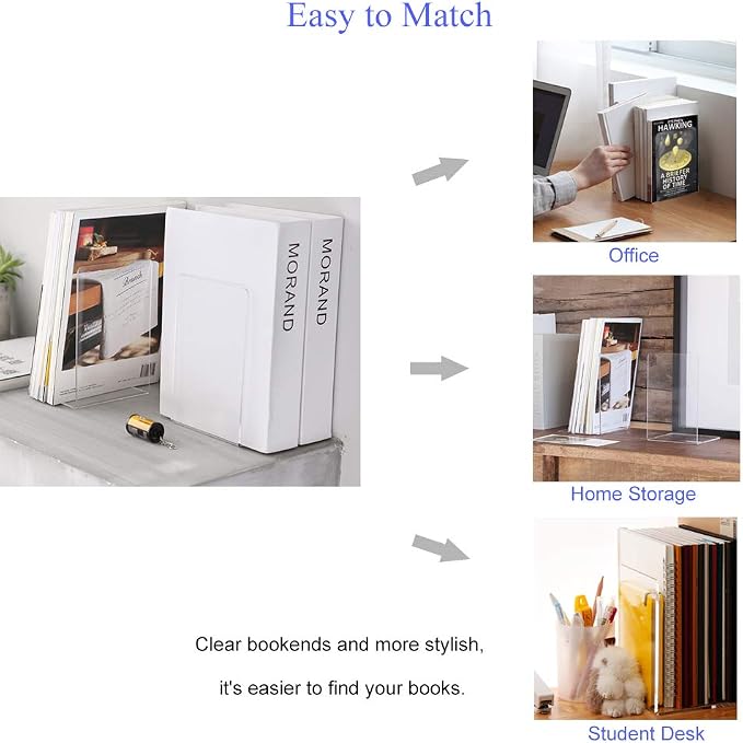 MerryNine Clear Book Ends 4pcs, Acrylic Bookends for Shelves, Non-Slip Bookend Decorative for Heavy Duty Book, Books Holder Stopper for Kids, Bookshelf Dividers Books Organizer for Office Home School