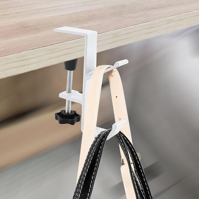 Desk Mount Bag Holder Hook Clamp-On Backpack Hanger Portable Desk Mount Headphones Holder Reduce Desk Clutter for Table Desk, Under Counter (White)