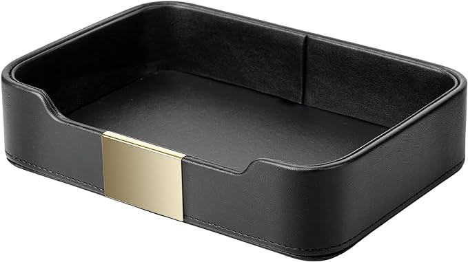 SANZIE Luxury Leather Tray Organizer Valet Tray Key Tray for Entryway Table Desktop Storage Catchall Tray Decorative Tray for Jewelry Keys Wallet Phone Watch (Metal Gilded, Black)