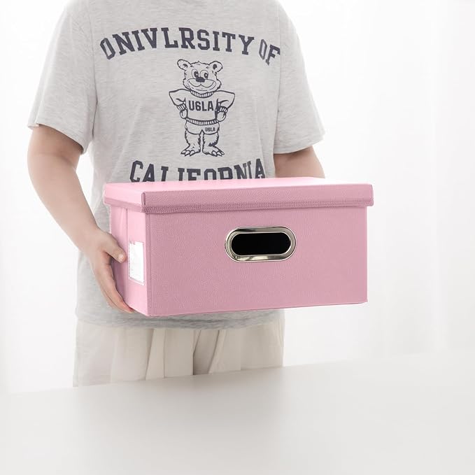 PRANDOM Collapsible Storage Box with Lid [1-Pack] Leather Fabric Foldable Storage Bin Organizer Container Basket Cube with Cover for Home Bedroom Closet Office Nursery Pink (13.6x9.6x6.9)