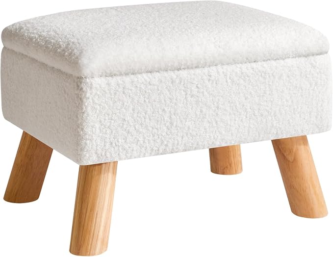 YMYNY Storage Ottoman, Small Foot Stool Ottoman with Storage, White HBD042W | Teddy Velvet, Sturdy Wood Legs, For Living Room Bedroom Couch Entryway