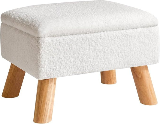 YMYNY Storage Ottoman, Small Foot Stool Ottoman with Storage, White HBD042W | Teddy Velvet, Sturdy Wood Legs, For Living Room Bedroom Couch Entryway