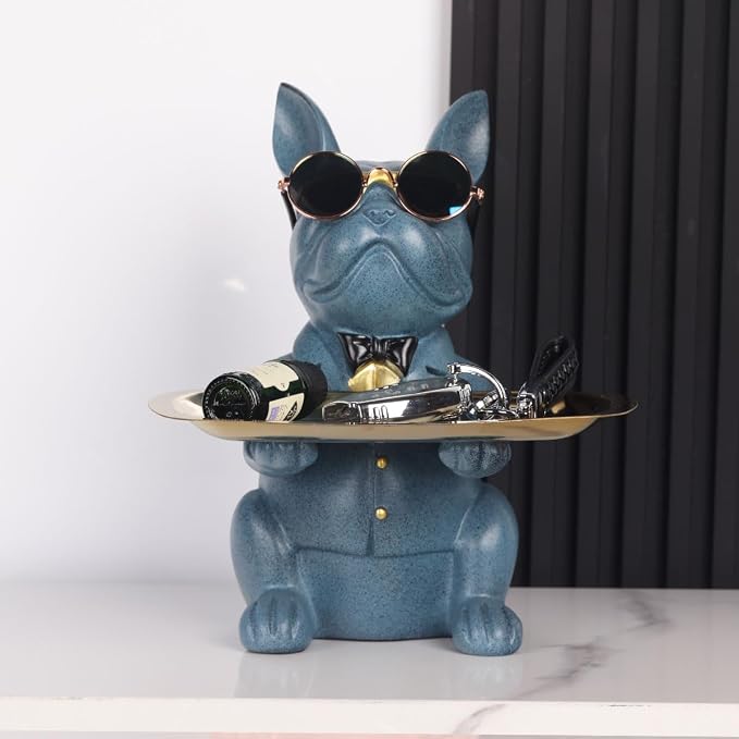 Modern Resin Blue Bulldog Statue Piggy Bank Key Holder Candy Jewelry Earrings Tray for Home Decor Modern Art Dining Table Decor Office