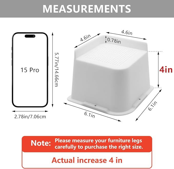 Bed Risers 4 inch Heavy Duty, 8 Pack Oversized Furniture Risers, White Bed Lifts Risers for Table, Sofa, Chair, Couch, Desk, Bed Frame Risers Supports Up to 6,500 Lbs