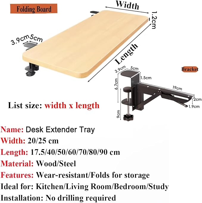 Clamp On Desk Extender, 90 Degree Foldable Desktop Extension Board, Ergonomic Keyboard Tray Extender for Office Desk, Dining Table, Window Sill & Bookshelf Space Saving Color1 20x80cm (7.9inx31.5in)