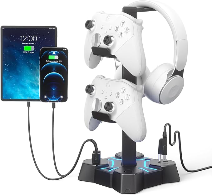 KDD Headphone Stand with USB Charger, Controller Stand for Desk, Headphone Holder with 2 USB Charging Ports and 3 AC Outlets, Accessories for Desktop(Black)