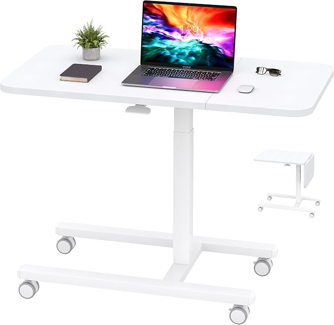 Homkdom C Shaped Table with Wheels, Side End Table with Extended Desktop, Adjustable Rolling Desk for Small Space, Dorm, Height Adjustment (29.5"-44"), White