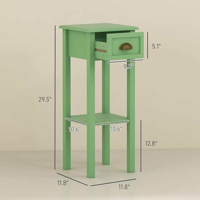 HOMCOM Narrow End Table with Drawer and Bottom Shelf, Slim Side Table for Small Spaces, Skinny Modern Accent Desk for Living Room, Set of 1, Green