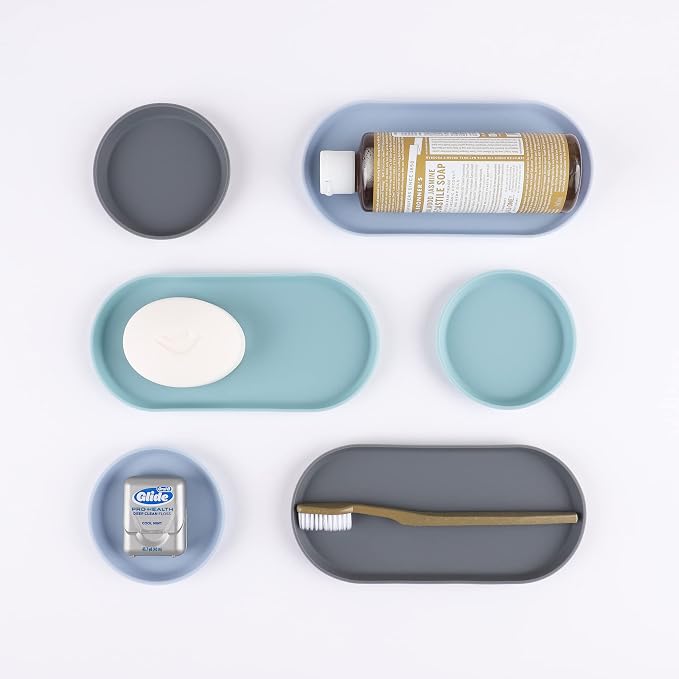 Blue Ginkgo Mini Silicone Trays – Set of 6 Easy-Clean Organizers for Bathroom, Kitchen, Desk, Vanity, and Cosmetics (Blue, Mint, Gray)