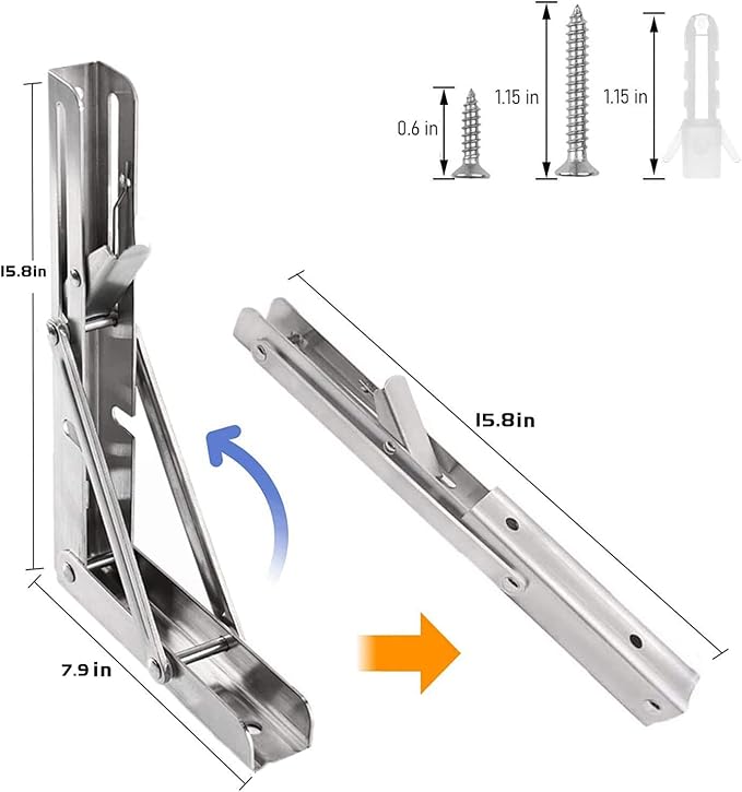 Folding Shelf Brackets Stainless Steel 16 inch 2 Pcs Max Load: 350 lb - Heavy Duty DIY Wall Mounted Collapsible Shelf Bracket, Space Saving for Garage Workstation, Stuff Supports, Table, Workbench