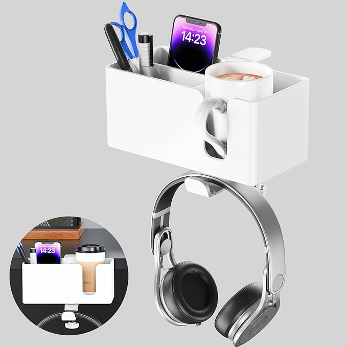 Desk Cup Holder Clamp with Headphone Hanger and Storage Tray | Clamp on design, rotating headphone hanger, detachable storage tray, cable holes, fits 5-50mm desks