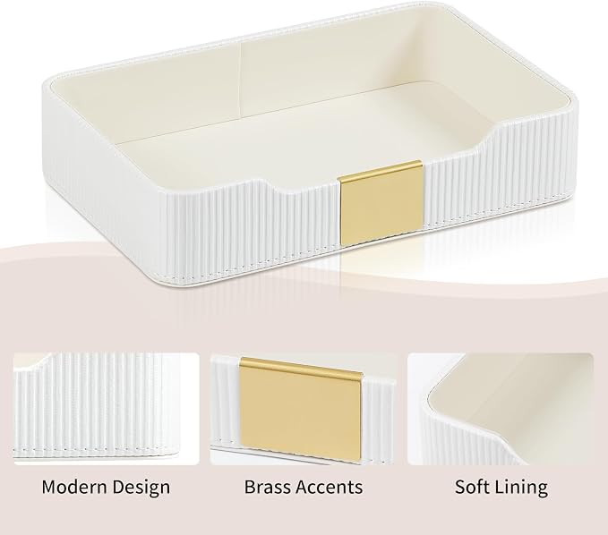 Valet Tray Desktop Storage Organizer, PU Leather Catchall Bedside Vanity Tray with Brass Accents Block Nightstand Organizer for Keys Watch Wallet Phone, Decorative Nightstand Storage (White)