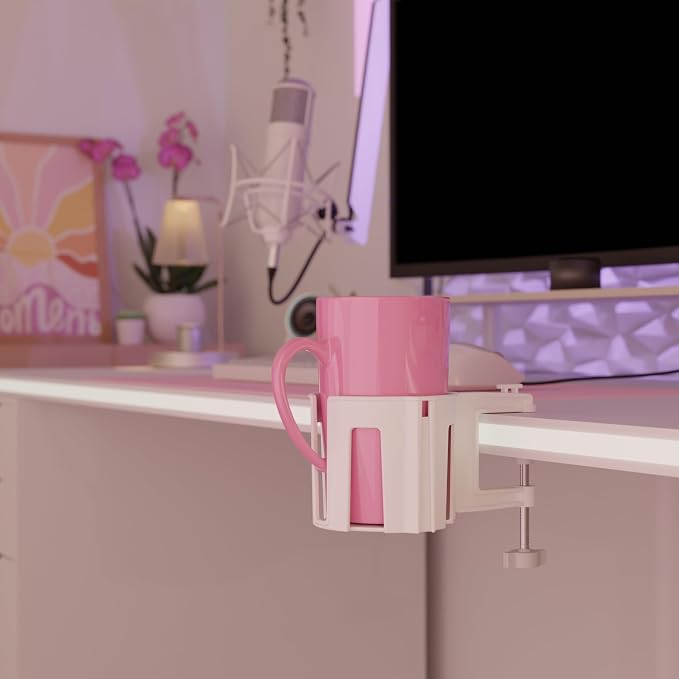 Original Large Desk Cup Holder Clamp White | Anti-Spill Mount, Multi-Directional Drink Holder, Headphone Hanger, For Table, Desks, Office & Gaming Setup